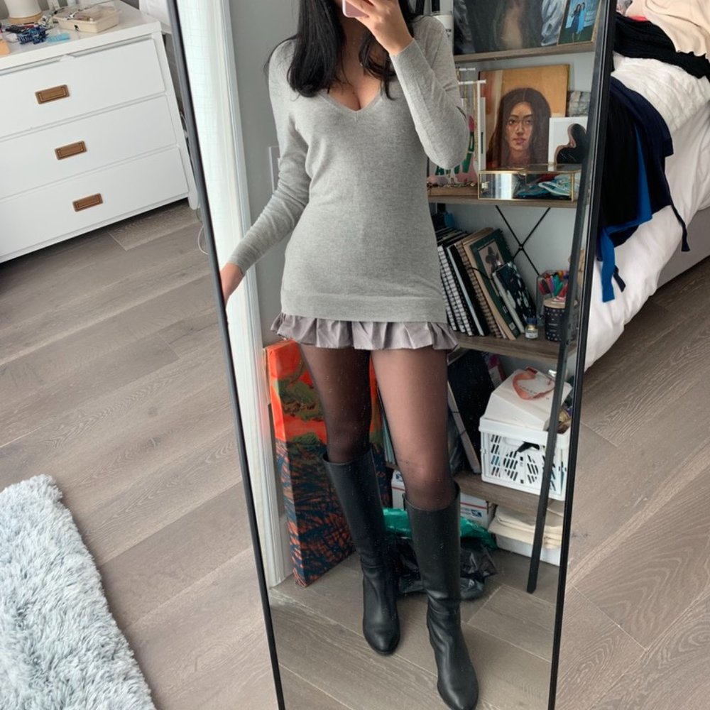 V Neck Sweater Dress With Silk Ruffle (Cotton/Silk)